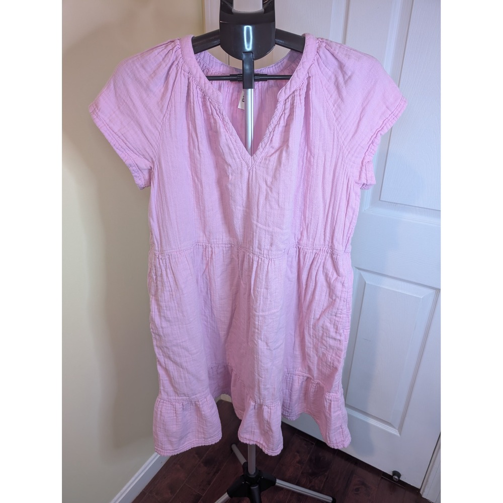 Pact Coastal Tiered Double Gauze Dress Womens L Pink Organic Cotton Pockets